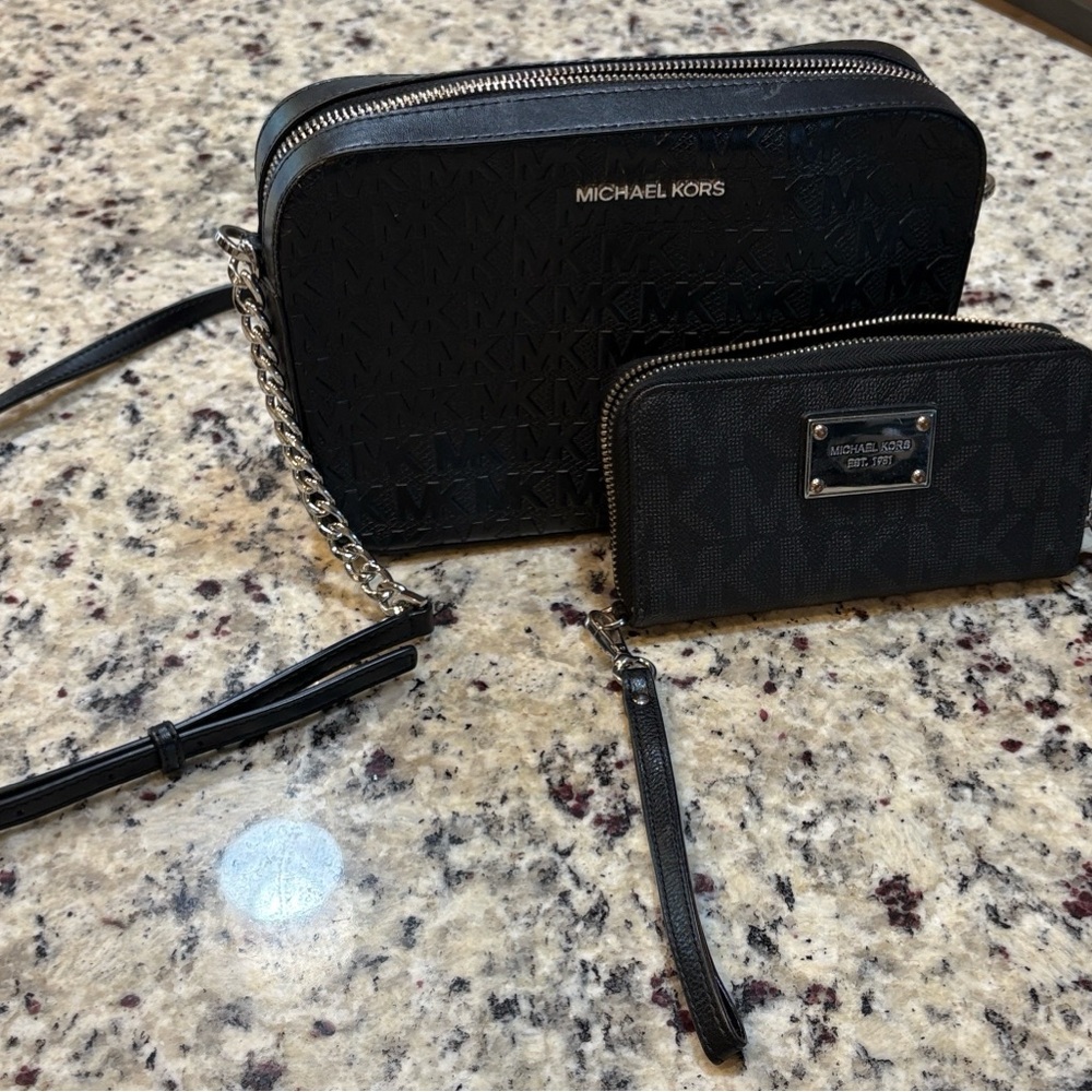 Michael Kors Jet Set Black Crossbody Bag and Wallet with Silver Accents